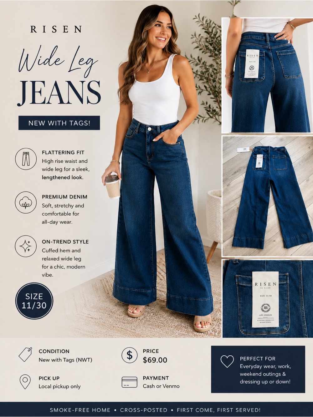 Risen Wide Leg Jeans – NWT - Dark Blue Size 11.Length 30